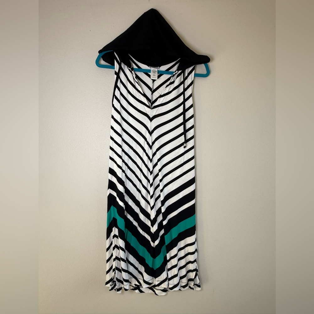 Dotti Black and White Striped Hooded cover up dress with Teal Accent